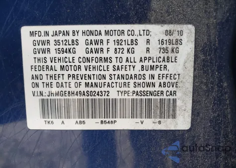 2010 Honda Fit Sport z USA, uszkodzony, nr VIN JHMGE8H49AS024372